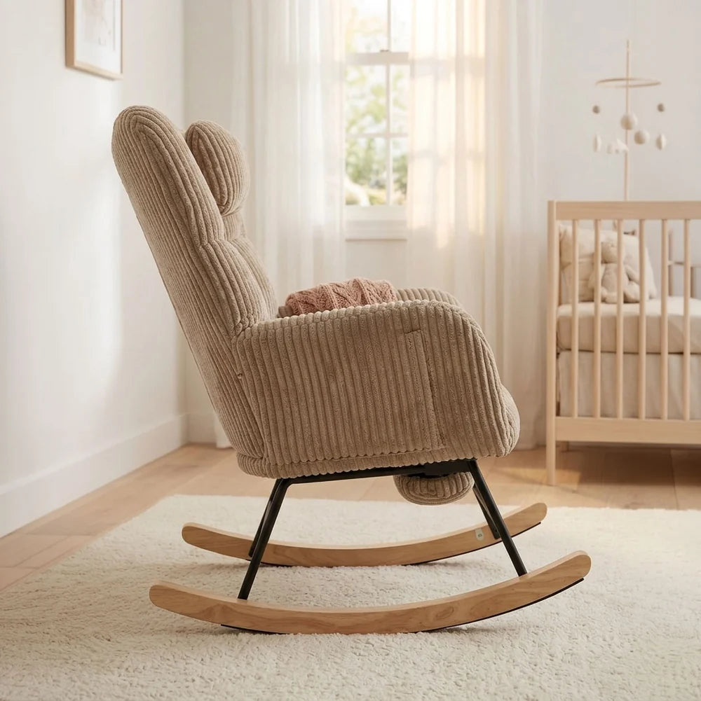 LUNVA – Corduroy Velvet Rocking Chair 57 cm High Back & Built-In Footrest