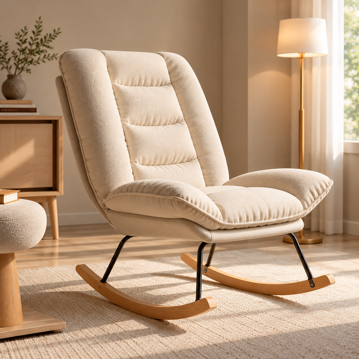 LINVA – 2-in-1 Reclining Rocking Chair Beige Linen Beechwood Base