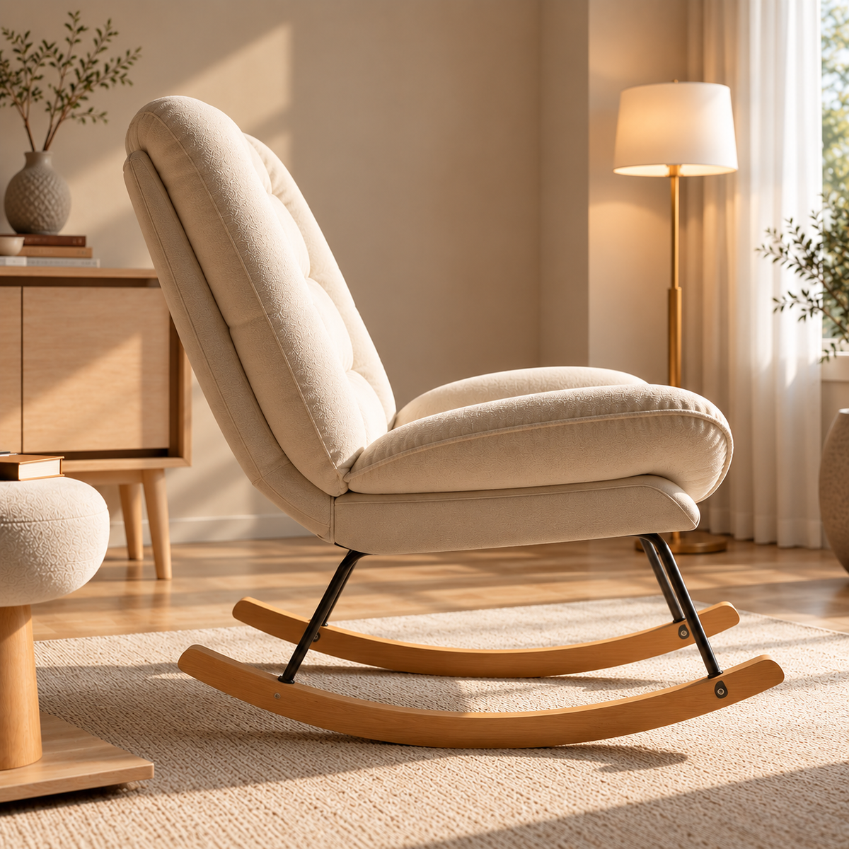 LINVA – 2-in-1 Reclining Rocking Chair Beige Linen Beechwood Base