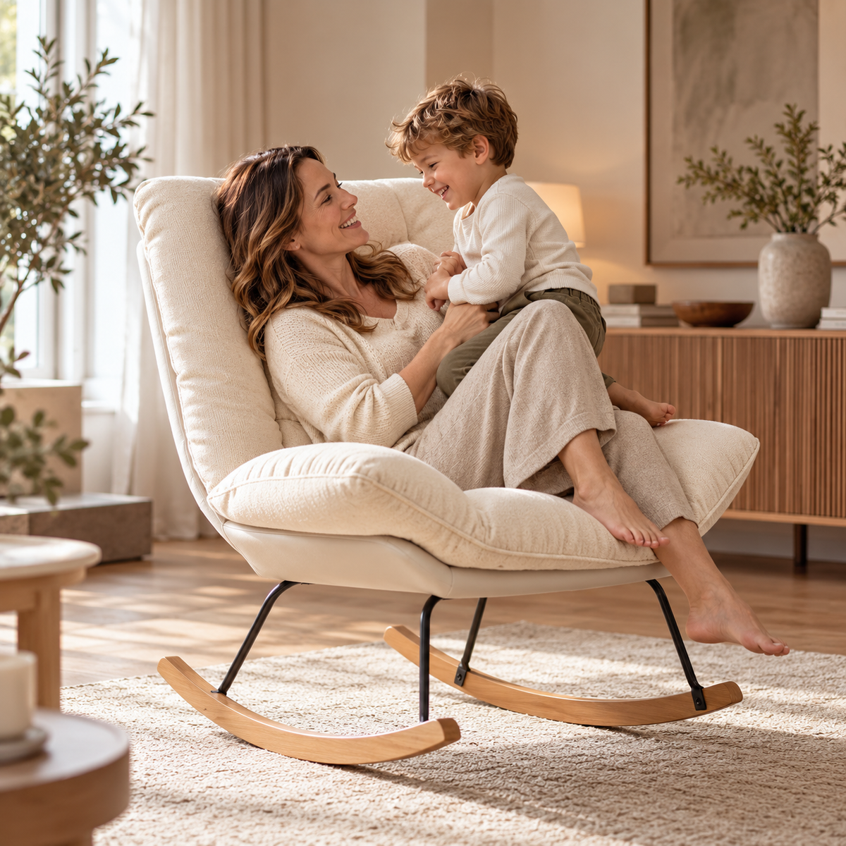 LINVA – 2-in-1 Reclining Rocking Chair Beige Linen Beechwood Base
