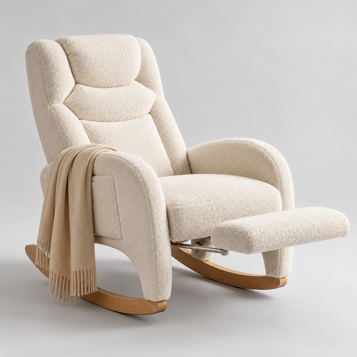 BLANKA – White Teddy Nursing Rocking Chair Headrest & Folding Footrest