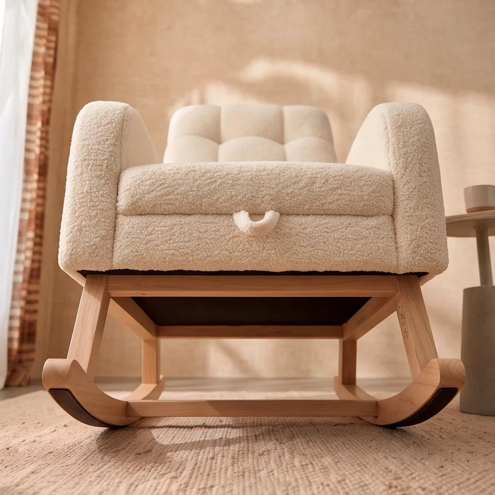 BJORA – Beige Teddy Nursing Rocking Chair with Retractable Footrest