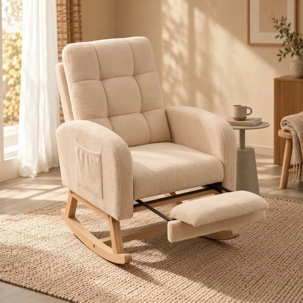 BJORA – Beige Teddy Nursing Rocking Chair with Retractable Footrest