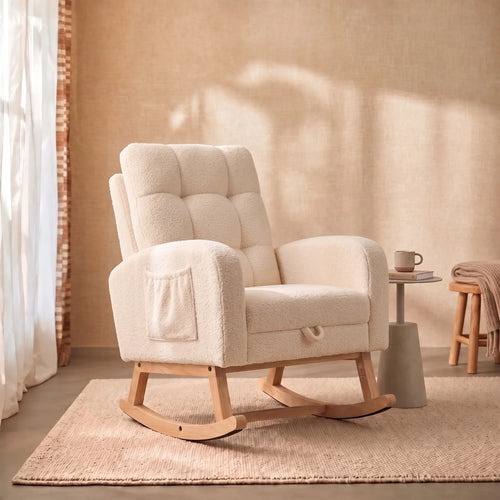 BJORA – Beige Teddy Nursing Rocking Chair with Retractable Footrest
