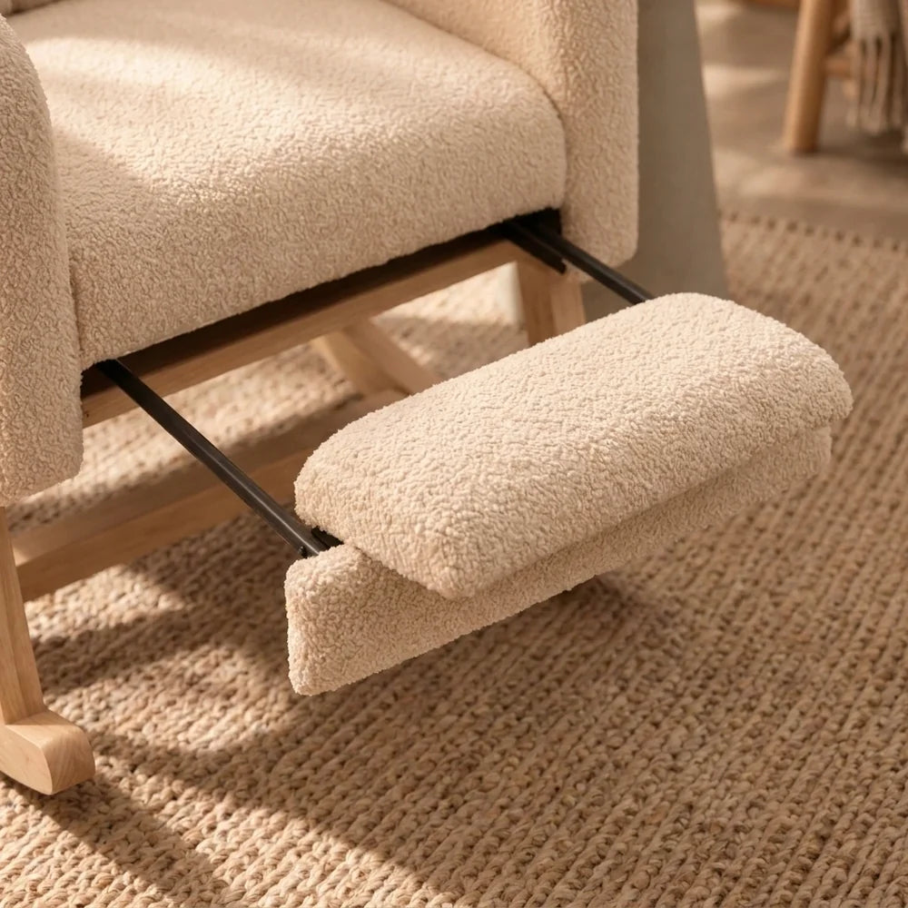 BJORA – Beige Teddy Nursing Rocking Chair with Retractable Footrest