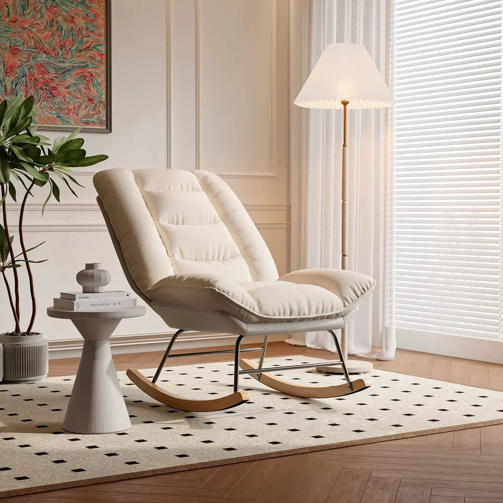 LINVA – 2-in-1 Reclining Rocking Chair Beige Linen Beechwood Base