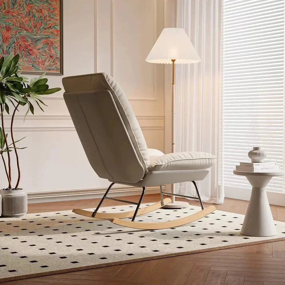 LINVA – 2-in-1 Reclining Rocking Chair Beige Linen Beechwood Base