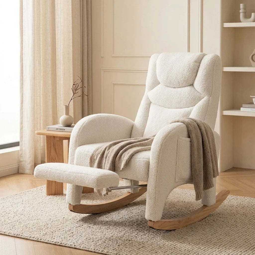 BLANKA – White Teddy Nursing Rocking Chair Headrest & Folding Footrest