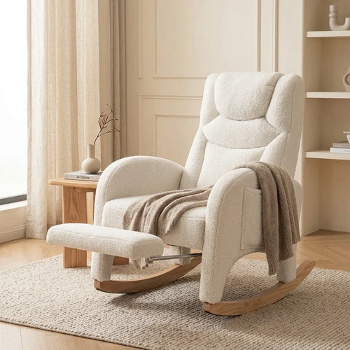 BLANKA – White Teddy Nursing Rocking Chair Headrest & Folding Footrest