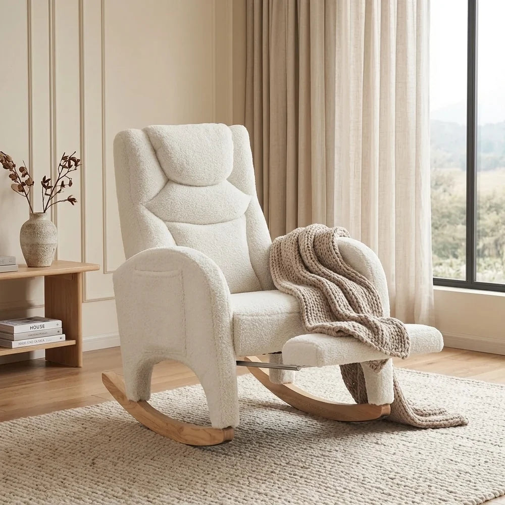 BLANKA – White Teddy Nursing Rocking Chair Headrest & Folding Footrest