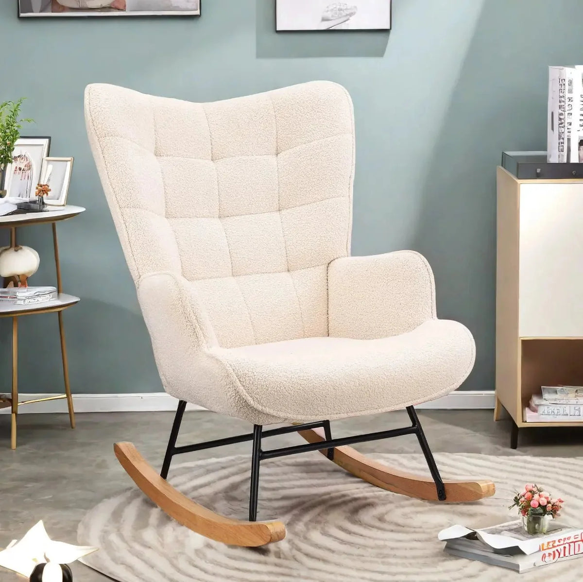 TENDRA – Cocooning Teddy Rocking Chair High Back Solid Wood Legs