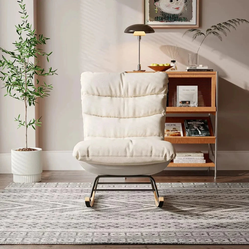 SERENA – Padded Fabric Rocking Armchair Beige Metal & Wood Frame