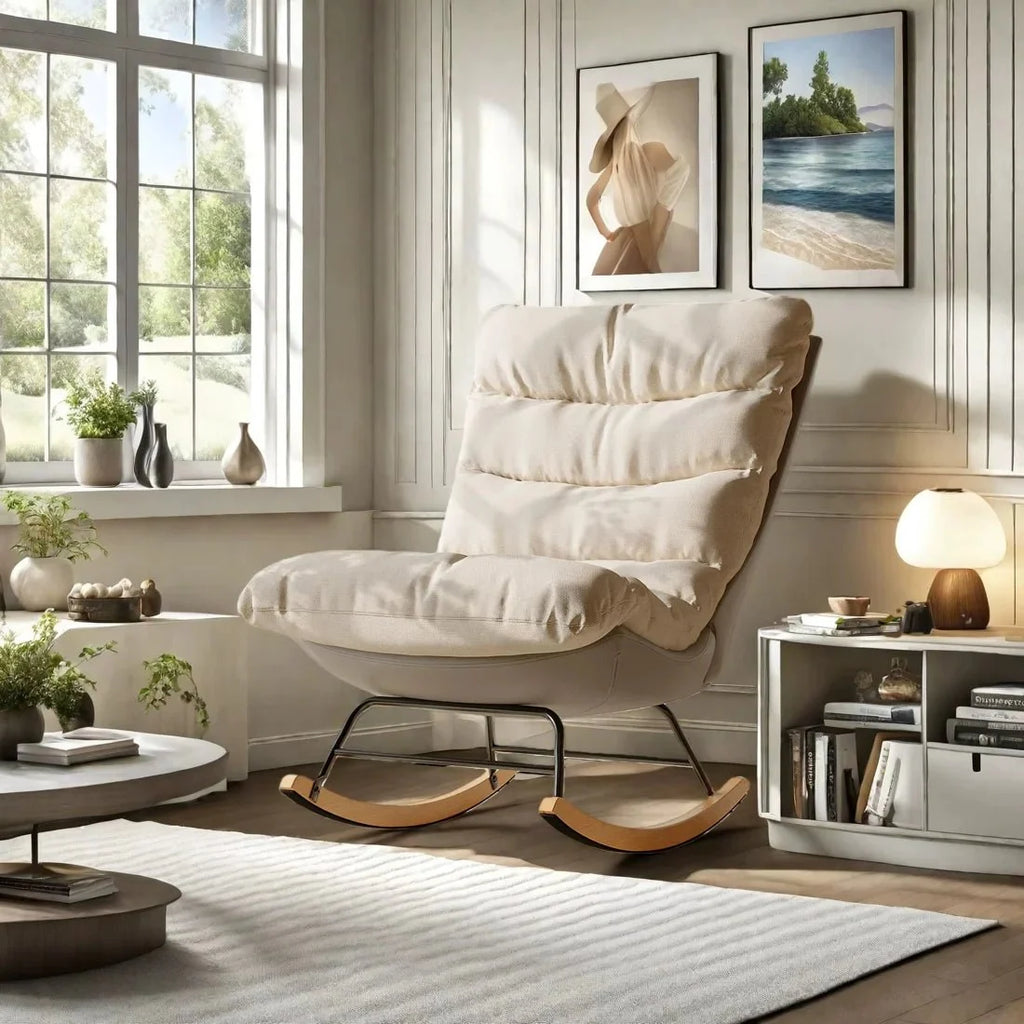 SERENA – Padded Fabric Rocking Armchair Beige Metal & Wood Frame