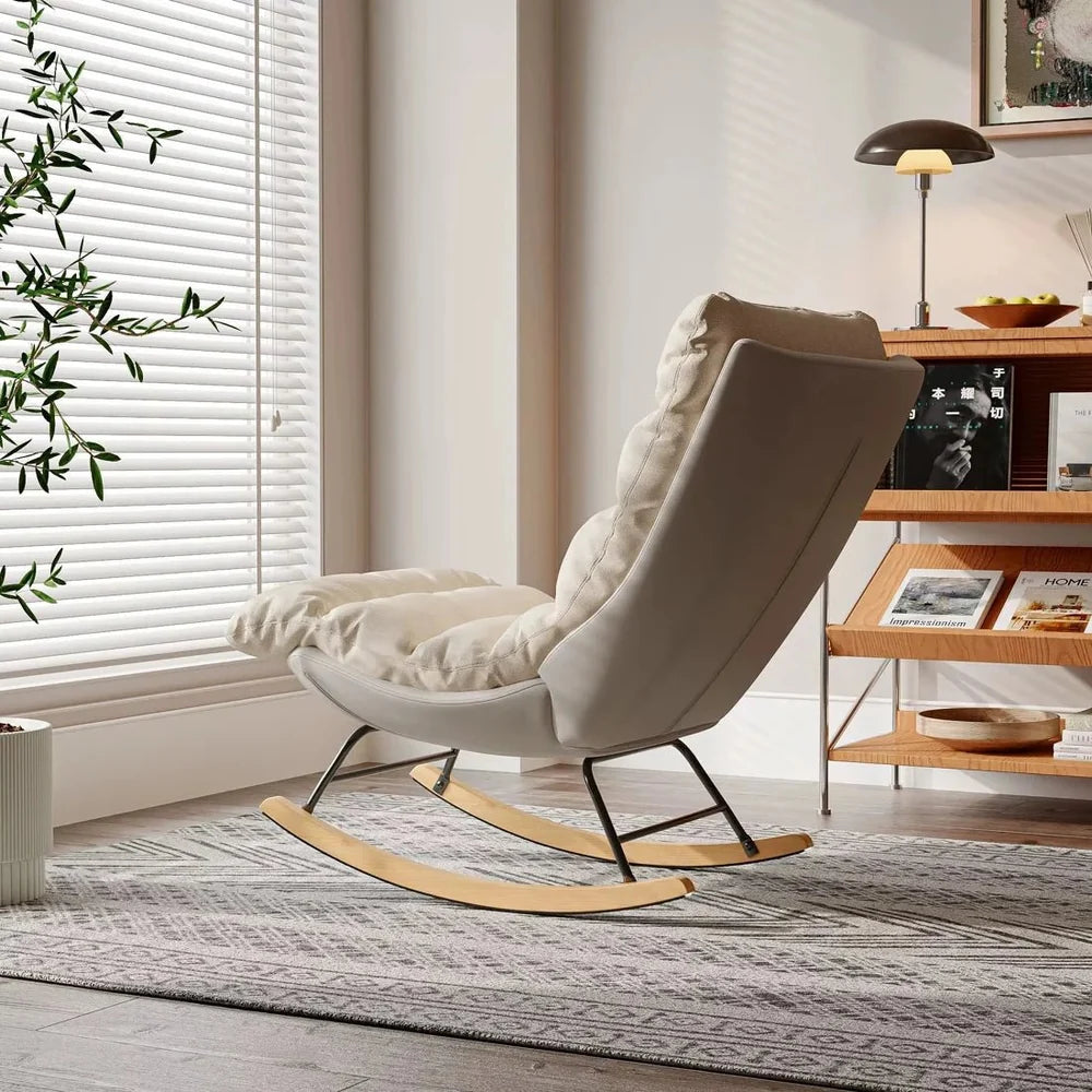 SERENA – Padded Fabric Rocking Armchair Beige Metal & Wood Frame