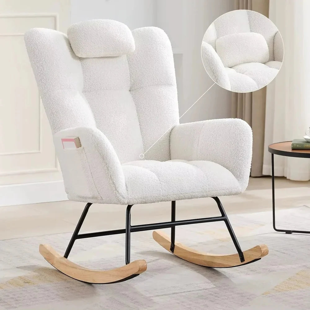 ALVKA – Teddy Bouclé Wingback Rocking Chair Removable Headrest Nursing
