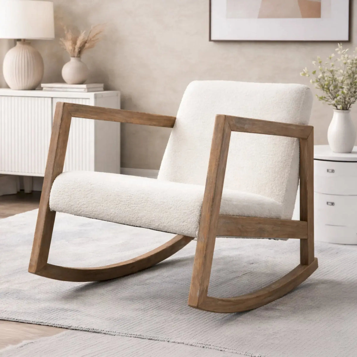 SKOGA – Scandinavian Rocking Chair Solid Rubberwood & Cream Bouclé