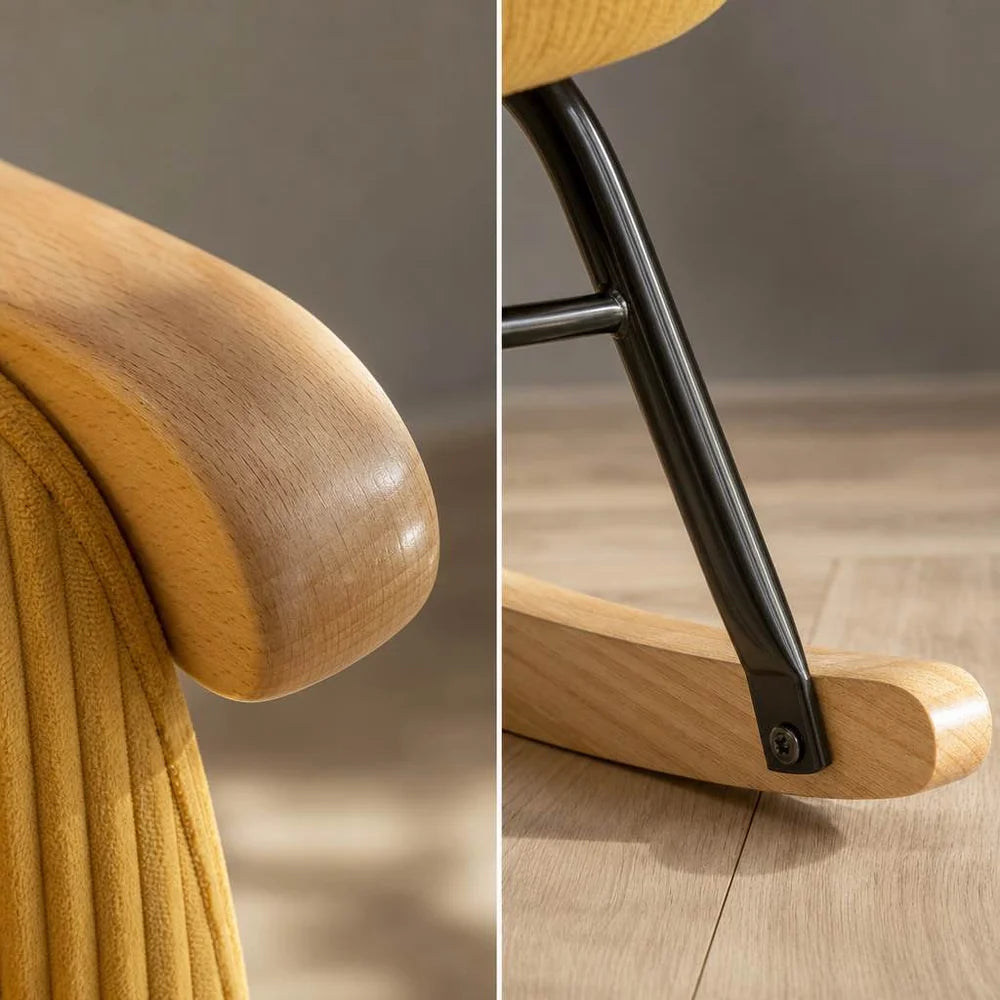 AMBRA – Designer Rocking Chair Yellow Ribbed Fabric Beechwood Base