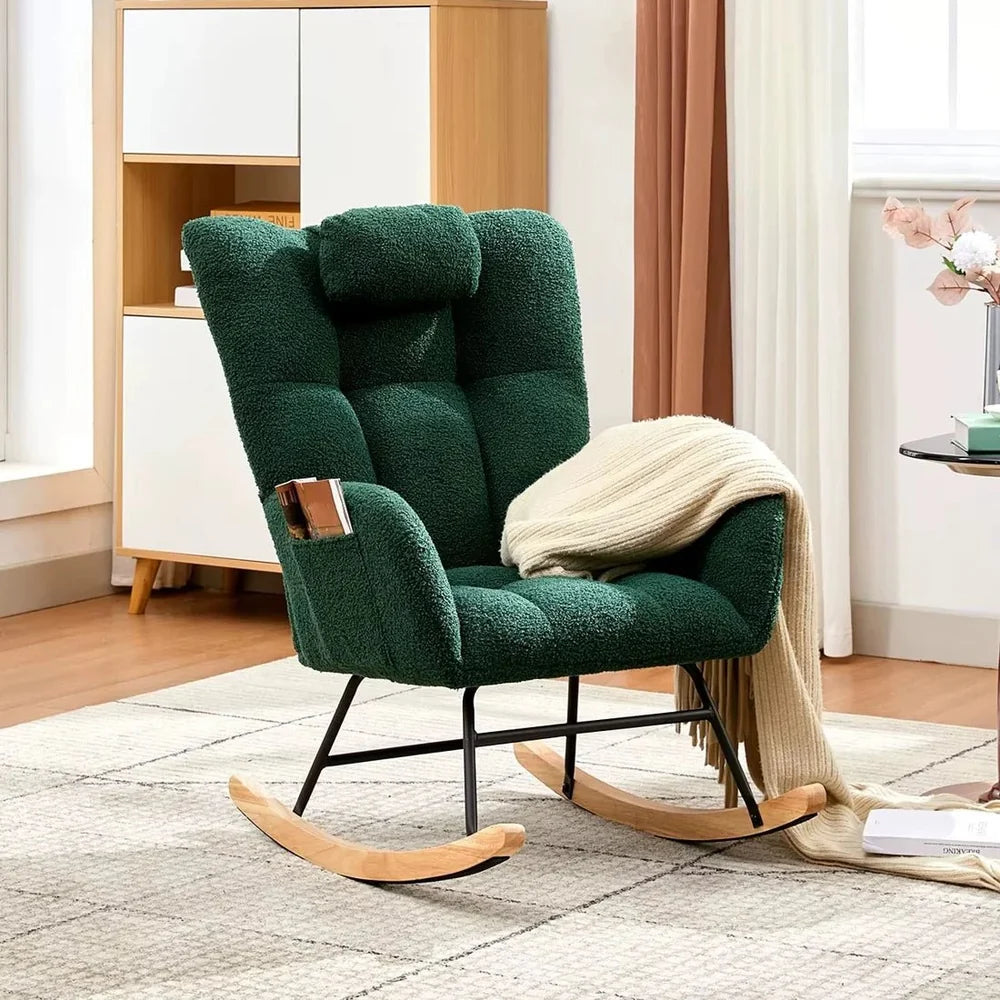 ALVKA – Teddy Bouclé Wingback Rocking Chair Removable Headrest Nursing