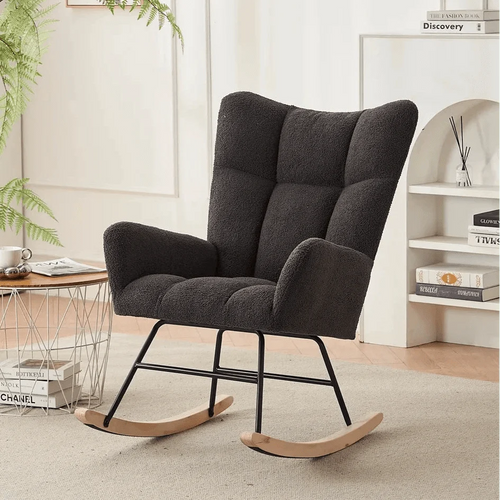 BOUCLA – Bouclé Fabric Rocking Armchair High Wingback Scandinavian