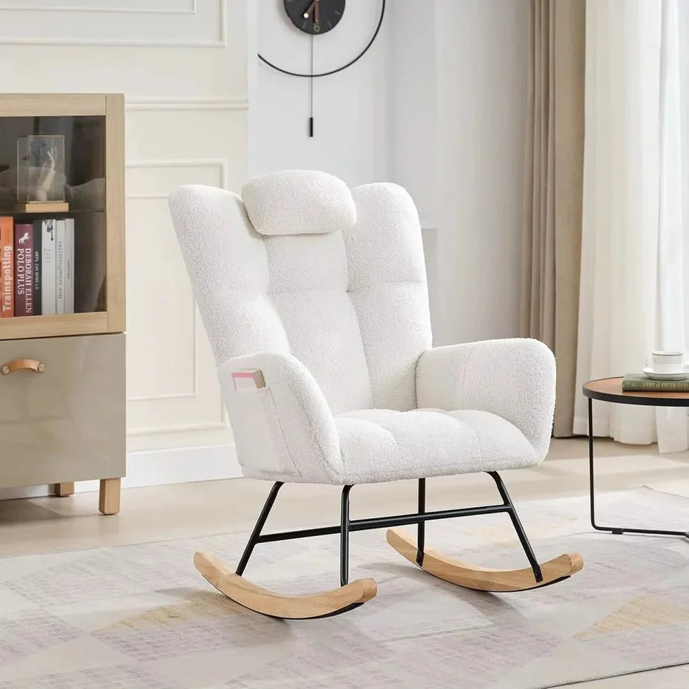 ALVKA – Teddy Bouclé Wingback Rocking Chair Removable Headrest Nursing