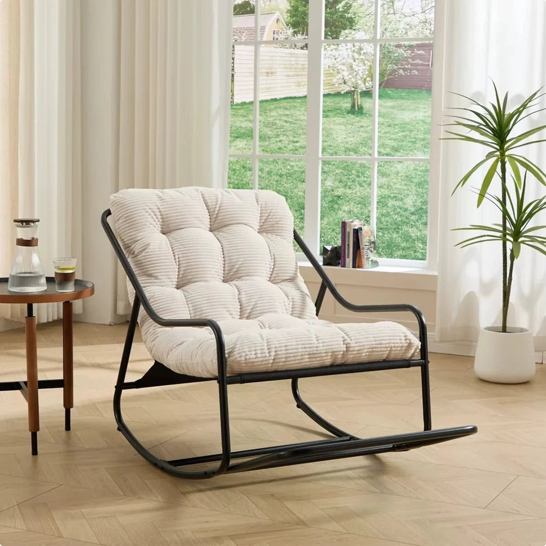LOWKA – Lounge Rocking Chair Tufted Corduroy Velvet Black Metal Frame