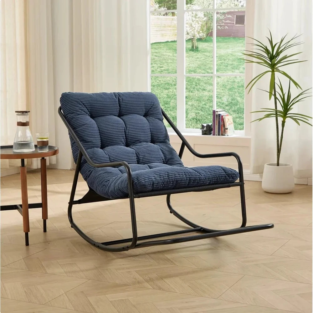 LOWKA – Lounge Rocking Chair Tufted Corduroy Velvet Black Metal Frame