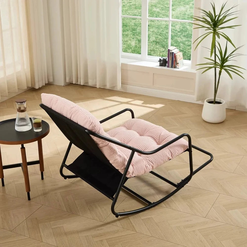 LOWKA – Lounge Rocking Chair Tufted Corduroy Velvet Black Metal Frame