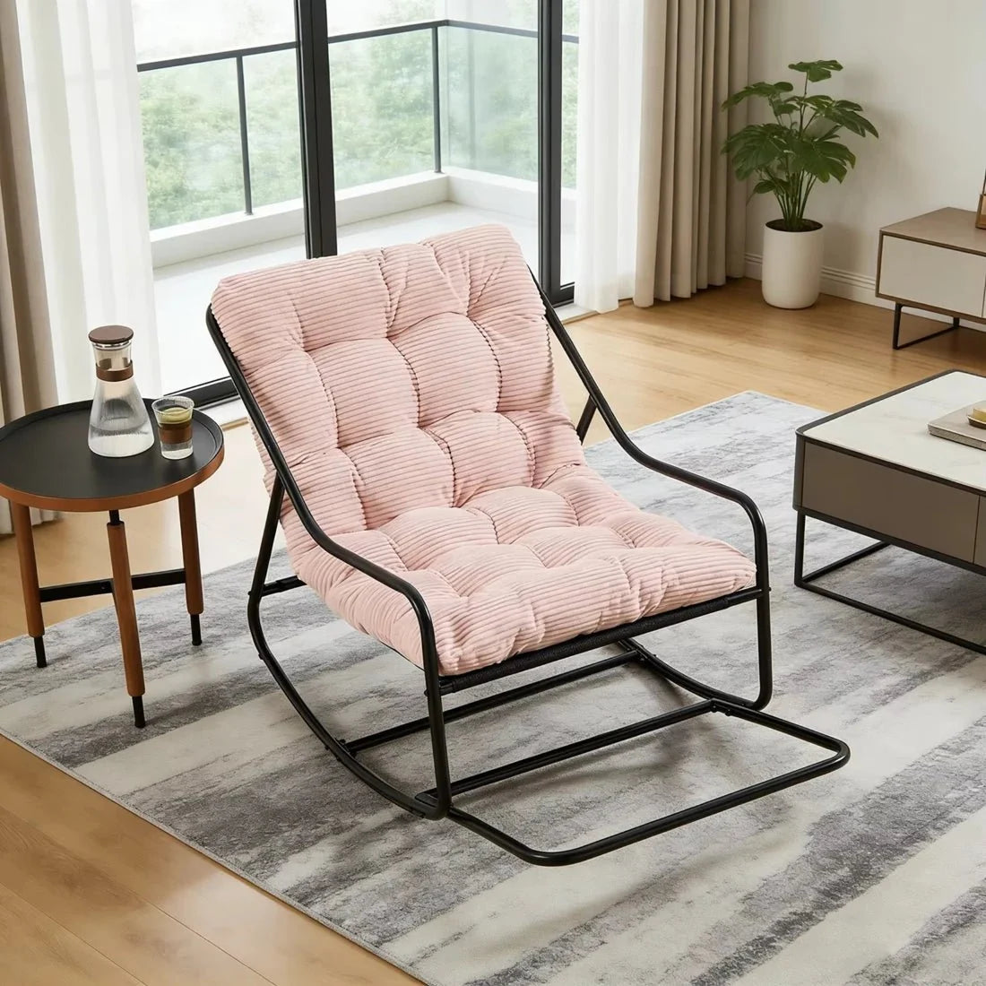LOWKA – Lounge Rocking Chair Tufted Corduroy Velvet Black Metal Frame