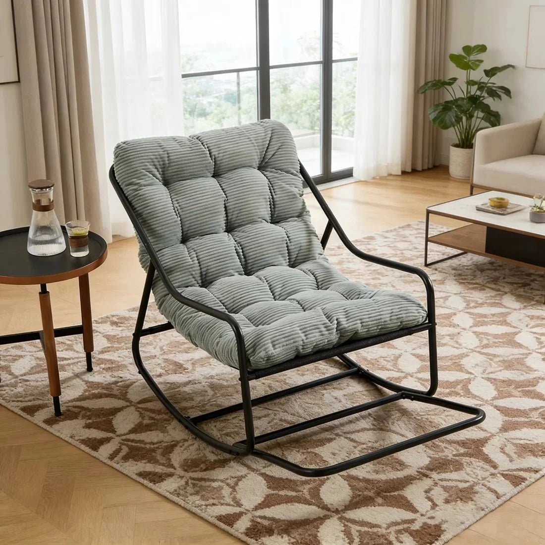 LOWKA – Lounge Rocking Chair Tufted Corduroy Velvet Black Metal Frame