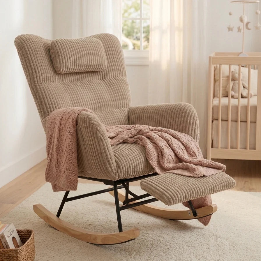 LUNVA – Corduroy Velvet Rocking Chair 57 cm High Back & Built-In Footrest