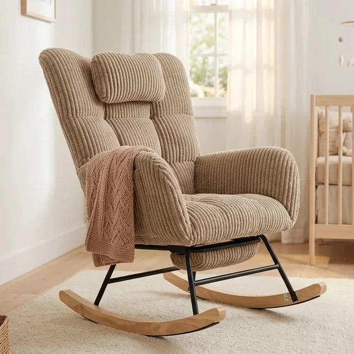 LUNVA – Corduroy Velvet Rocking Chair 57 cm High Back & Built-In Footrest