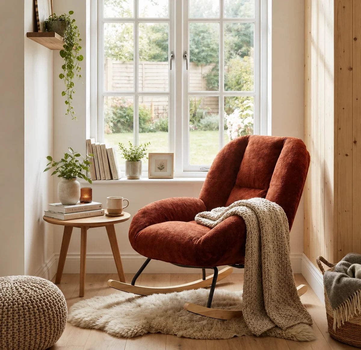 RUBIA – Scandinavian Rocking Armchair Terracotta Chenille High Back