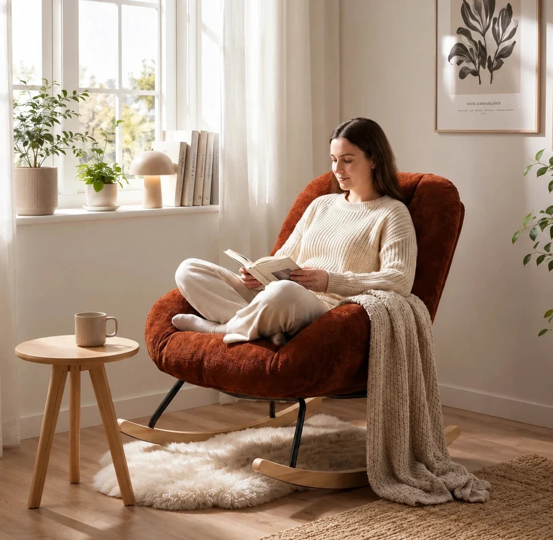 RUBIA – Scandinavian Rocking Armchair Terracotta Chenille High Back