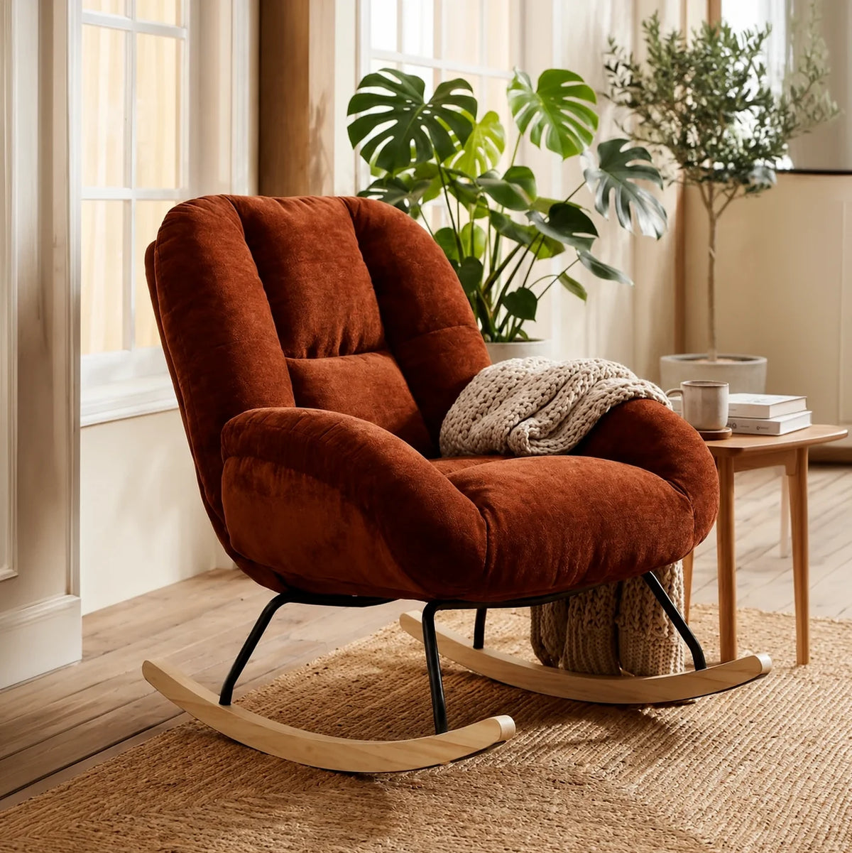 RUBIA – Scandinavian Rocking Armchair Terracotta Chenille High Back
