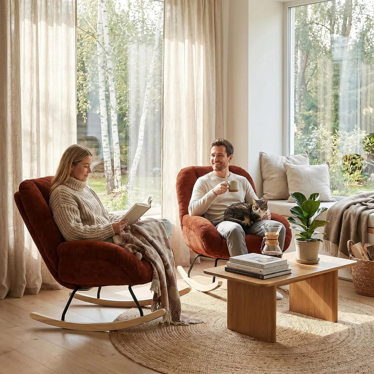 RUBIA – Scandinavian Rocking Armchair Terracotta Chenille High Back
