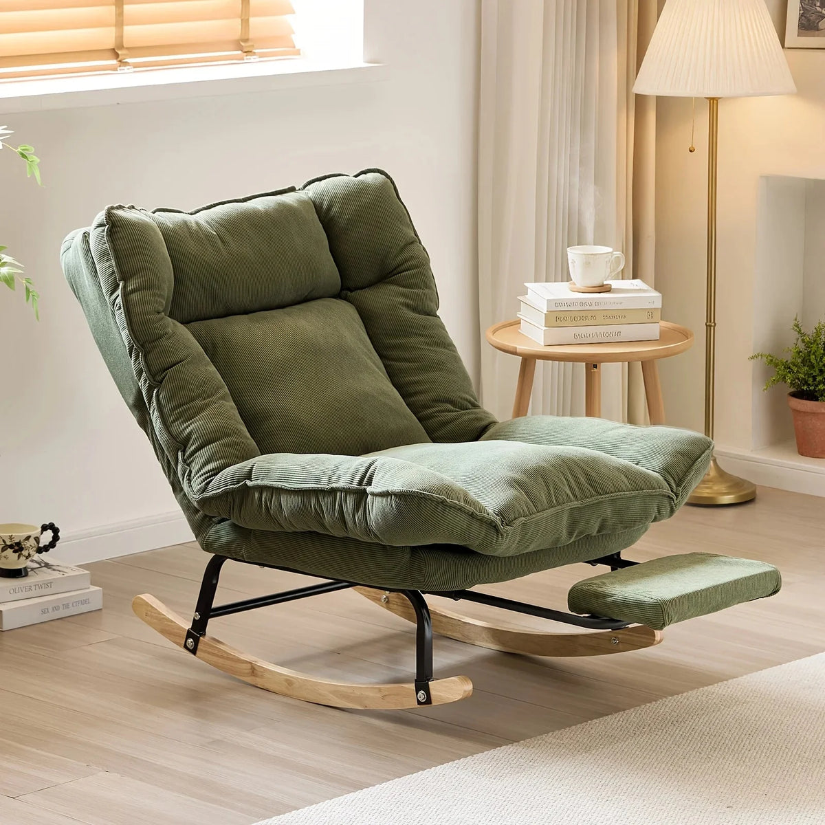 FLEXA – Reclining Rocking Chair 90° to 180° Corduroy Velvet & Footrest