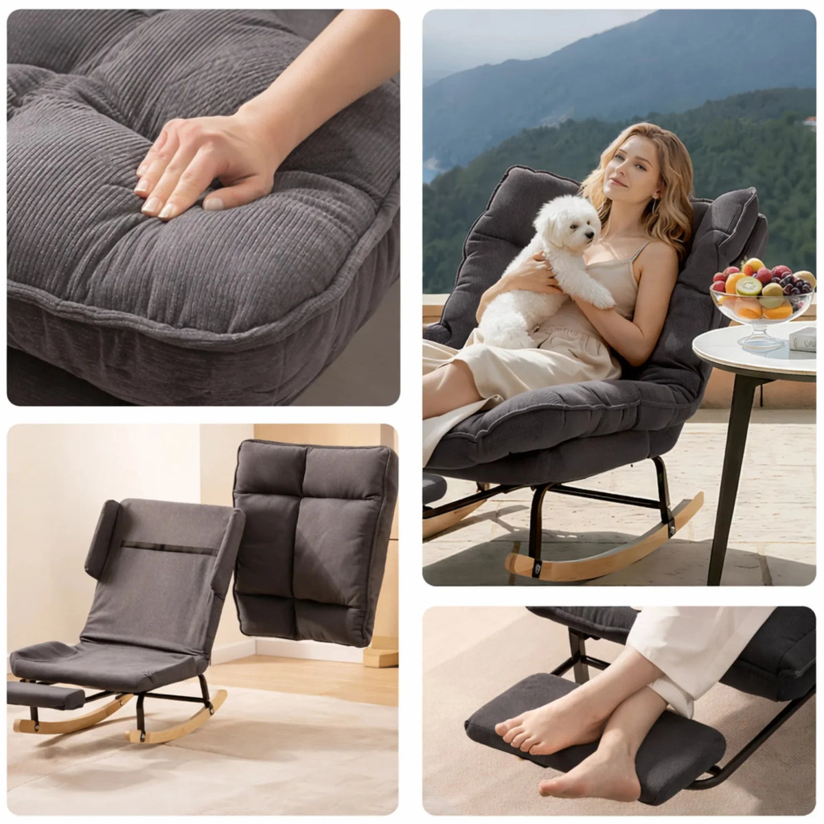 FLEXA – Reclining Rocking Chair 90° to 180° Corduroy Velvet & Footrest