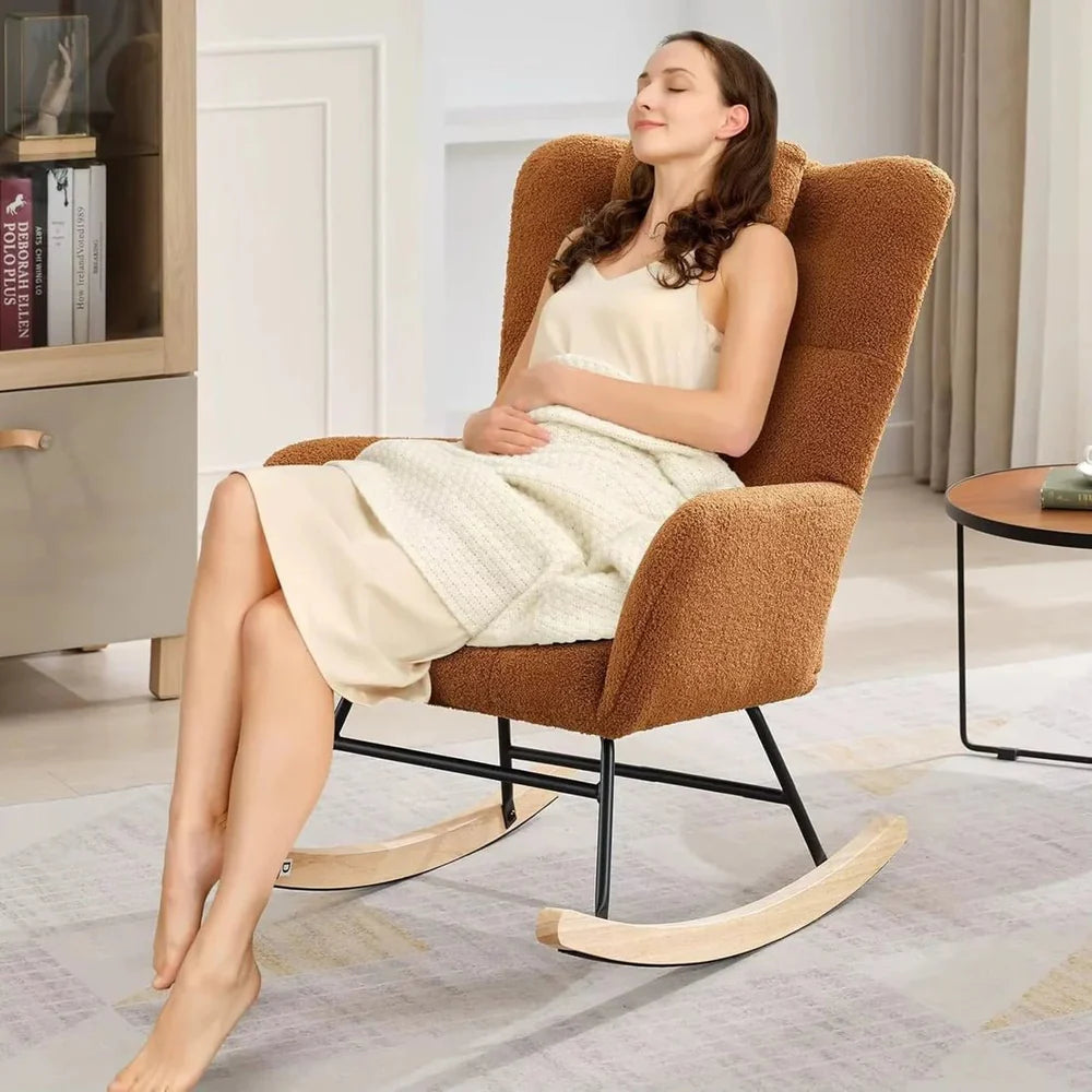 ALVKA – Teddy Bouclé Wingback Rocking Chair Removable Headrest Nursing