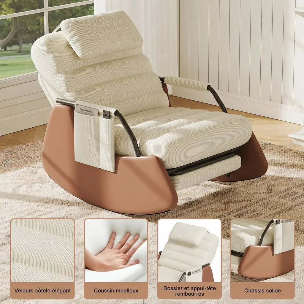 CURVA – Corduroy Velvet Rocking Chair 3-Position Recline Built-In Footrest