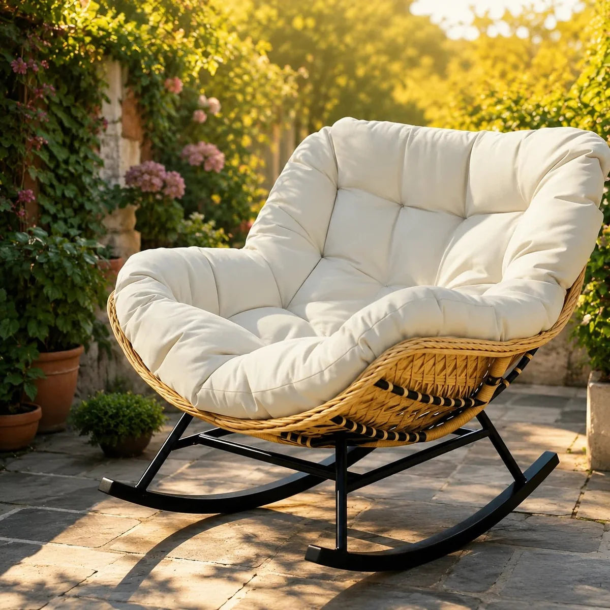 TERAKA – Papasan Rocking Chair Solid PE Rattan Outdoor 15 cm Thick Cushion