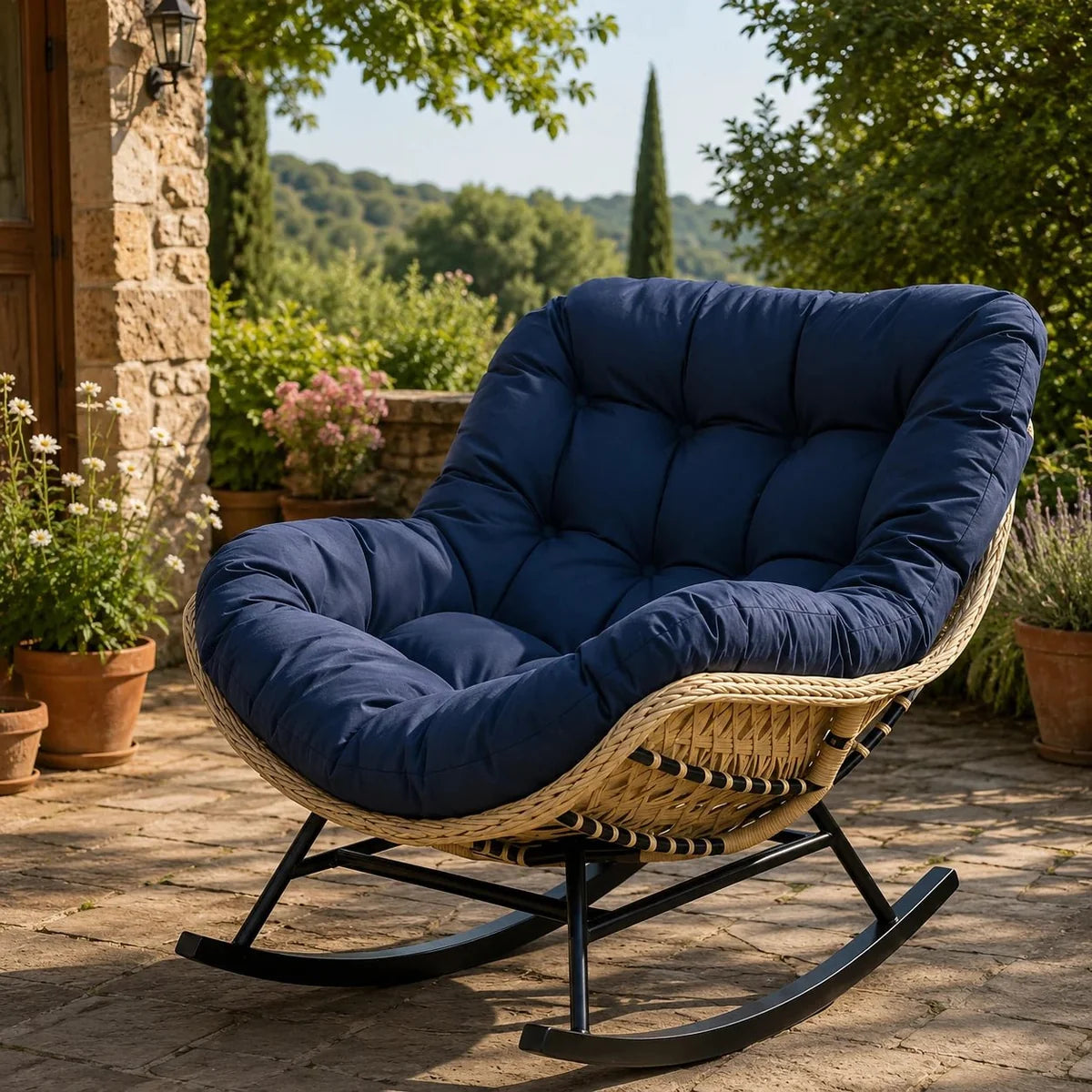 TERAKA – Papasan Rocking Chair Solid PE Rattan Outdoor 15 cm Thick Cushion