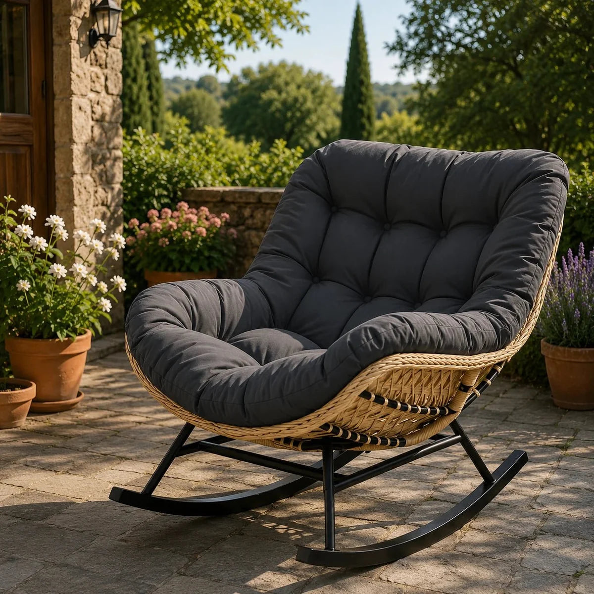 TERAKA – Papasan Rocking Chair Solid PE Rattan Outdoor 15 cm Thick Cushion