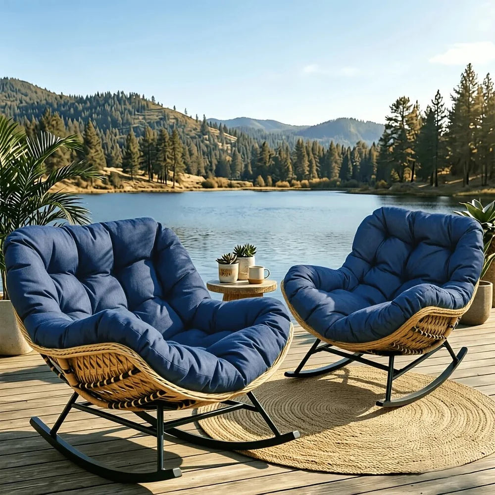 TERAKA – Papasan Rocking Chair Solid PE Rattan Outdoor 15 cm Thick Cushion