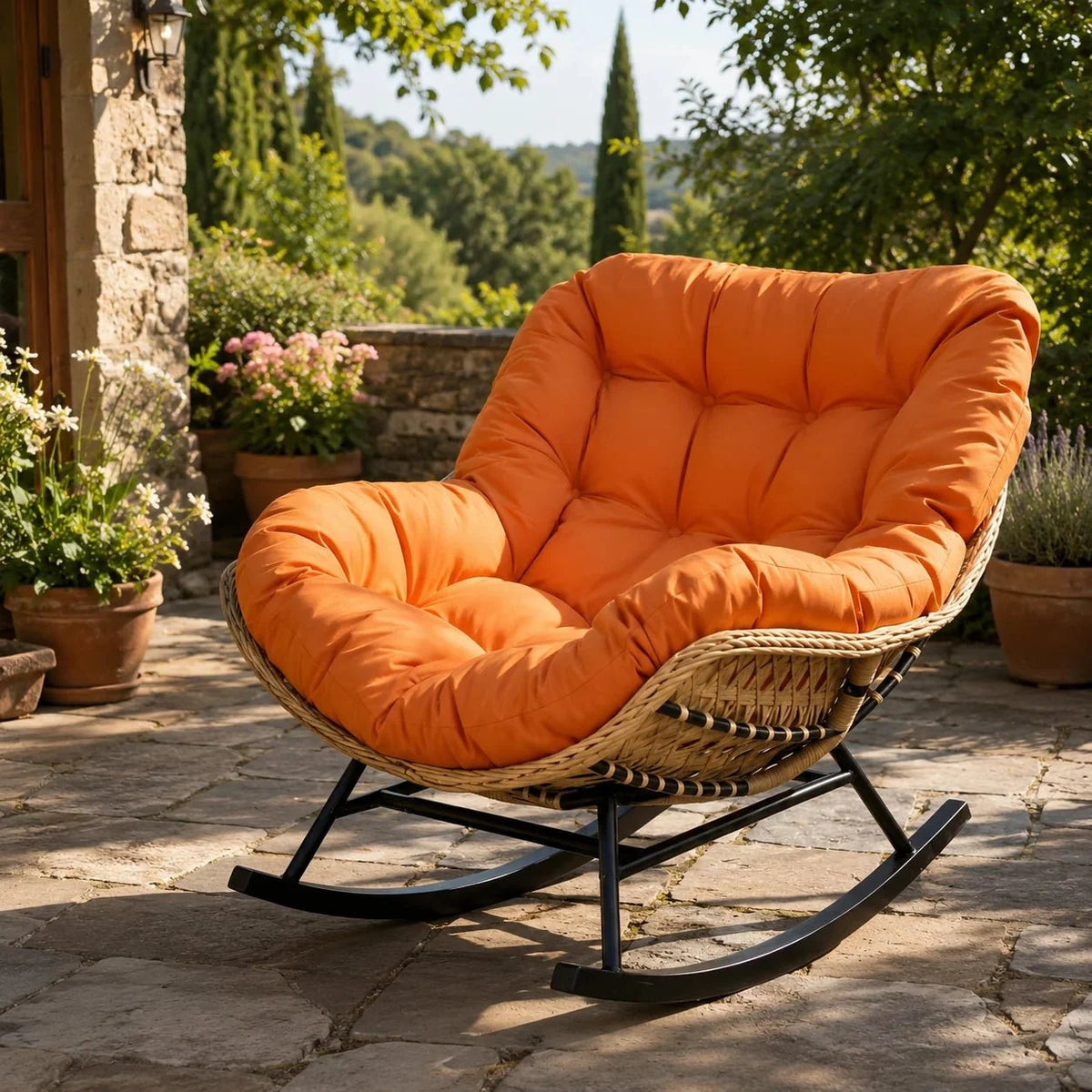 TERAKA – Papasan Rocking Chair Solid PE Rattan Outdoor 15 cm Thick Cushion