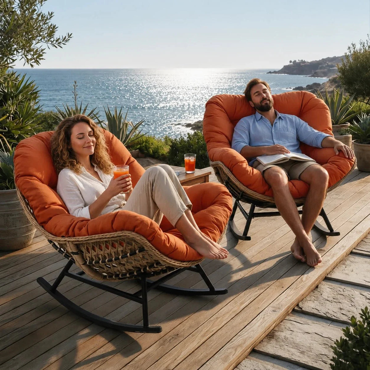 TERAKA – Papasan Rocking Chair Solid PE Rattan Outdoor 15 cm Thick Cushion