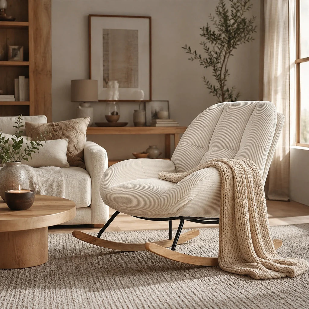 VELVA – Scandinavian Rocking Armchair Corduroy Velvet High Back Nursing