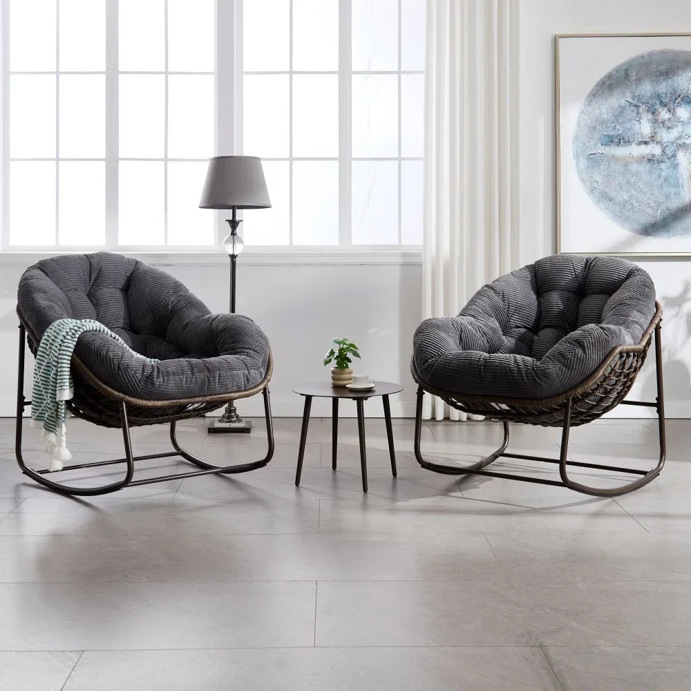 LUNARA – Papasan Rocking Chair Woven Rattan & Corduroy Velvet UV-Resistant