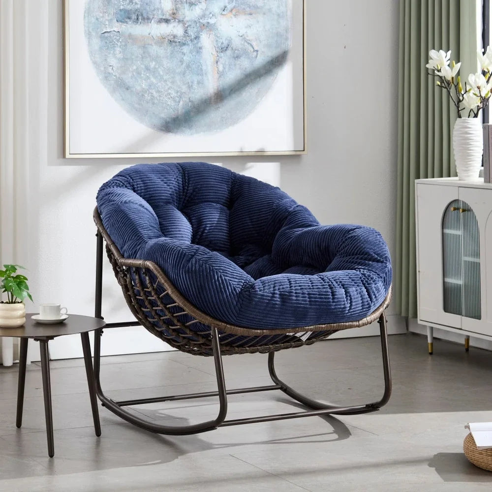 LUNARA – Papasan Rocking Chair Woven Rattan & Corduroy Velvet UV-Resistant