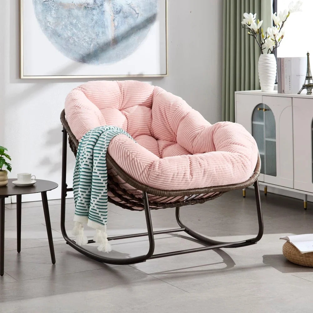 LUNARA – Papasan Rocking Chair Woven Rattan & Corduroy Velvet UV-Resistant