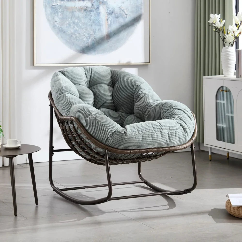 LUNARA – Papasan Rocking Chair Woven Rattan & Corduroy Velvet UV-Resistant